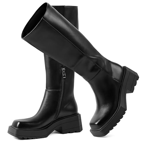 CouieCuies Black Knee High Boots For Women Square Toe Chunky Heel Comfortable Tall Boot Pu Leather Lug Sole Shoes