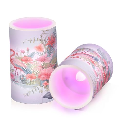 Image of Lights Flameless Candles Flamingo Tropical Flowers Pillar Candles Set of 2 Battery Operated Remote Control Warm Lights Home Decor