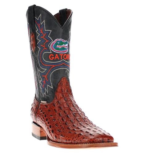 Vaccari Men's Jackson Genuine Hornback Alligator Print Leather & NCAA League Embroidery Broad Square Toe Cowboy Boots