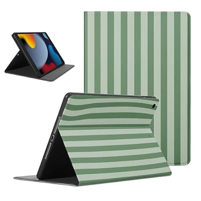 Mrtponk Classic Green Grey Striped Tablet Case for iPad Pro 2021/2020/2018 12.9", Aesthetic Trendy Tripe Pretty Geometric Vertical Line Cases Soft TPU Protective PU Flip Holder Cover for Girl Boy