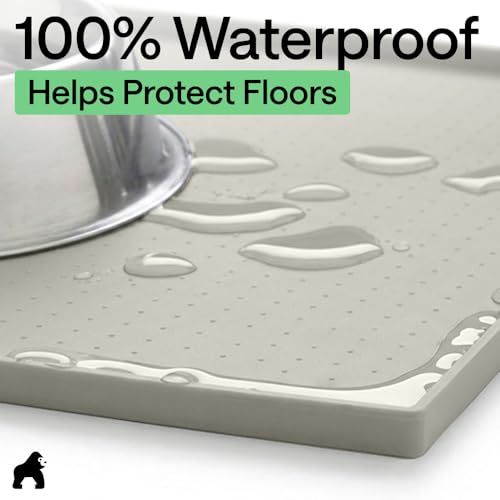 Image of GORILLA GRIP 100% Waterproof Raised Edge BPA Free Silicone Pet Feeding Mat, Dog Cat Food Mats Contain Spills Protects Floors, Placemats for Cats, Dogs Water Bowl, Pets Accessories 16x10, Light Gray