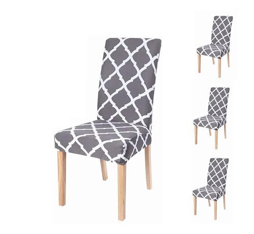 Image of Dining Chair Covers Set of 4, Stretchable Removable Washable Anti-Slip Universal Fit Printed Polyester Spandex Slipcovers (Grey Diamond)