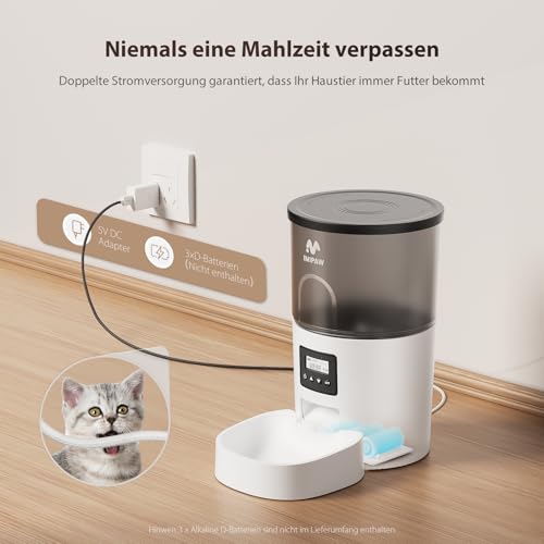 IMIPAW Futterautomat Katze, Katzenfutter Automat mit Programmierbarem Timer, Einfache Bedienung, 1-6 Mahlzeiten pro Tag, Futterspender für Katzen und Hunde, 3L