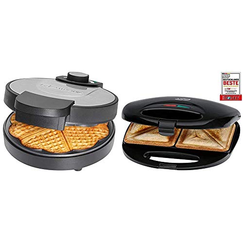 Clatronic WA 3492 Waffeleisen, 1000 Watt, Edelstahleinlage, Große Backflächen Ø 18 cm & ST 3477 Sandwichtoaster, 3…