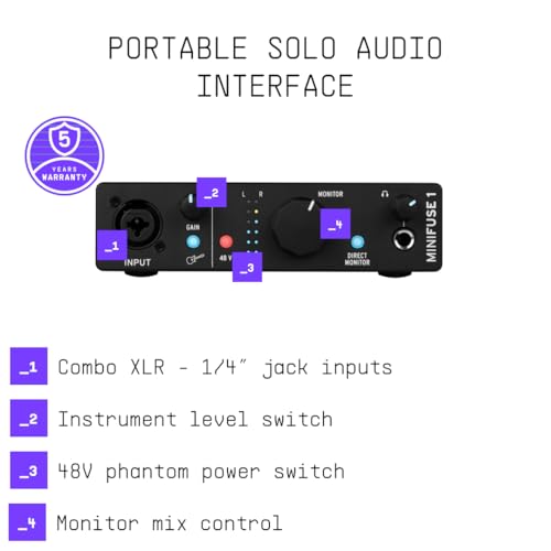 Image of Arturia MiniFuse 1 - Compact USB Audio Interface with Creative Software for Recording, Production, Podcasting, Guitar - Black | 1x Xlr and Combo with 48V, 2x Balanced Trs Monitor Outs, Headphone Out, USB-C Bus-Powered, 24-Bit /192khz, Bundled Software