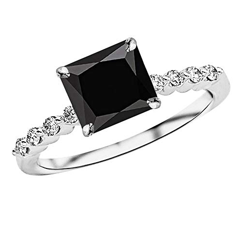 1.15 Carat t.w 14K White Gold Floating Prong Set Round Diamond Engagement Ring w/a 1 Carat Princess Cut Black Diamond Heirloom Quality