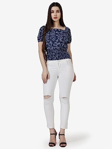 Image of POPWINGS Women Casual Bagru Print Top With Puff Sleeves and Square Neck - Stylish Trendy Smocking Summer Top