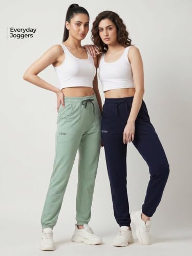 Image of Fflirtygo Cotton Solid Joggers /Track Pant /Solid Pajama /Leggings �100% Export Quality Soft Cotton Night Wear /Pocket Pyjama for Women Combo Pack of 2Pcs, Blue and Grey