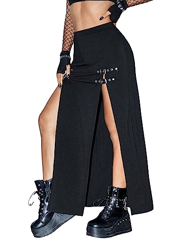 Verdusa Women's Buckle Split Thigh High Waist Clubwear Punk Loose Maxi Skirt3