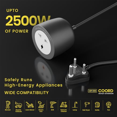 Image of LAPCARE Coord 10-Meter Extension Cord (LSP-224), 2500W High Power, Fire-Resistant with Child Safety Shutter, Heavy Duty 3-Pin Plug, Short Circuit Protection - Long Cable for Home, Office & Workshops