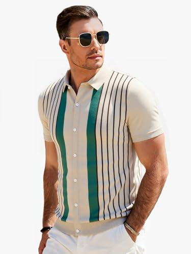 Les umes Men's Knit Polo Shirts Short Sleeve Button Down Shirts Striped Summer Beach Casual Shirt2