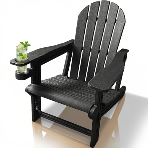 QuinnAndSunny Adirondack Outdoor Chair,Weather-Resistant Outdoor Garden Furniture Chairs with Cup Holder,Patio Chairs for Backyard/Garden/Fire Pit, Black
