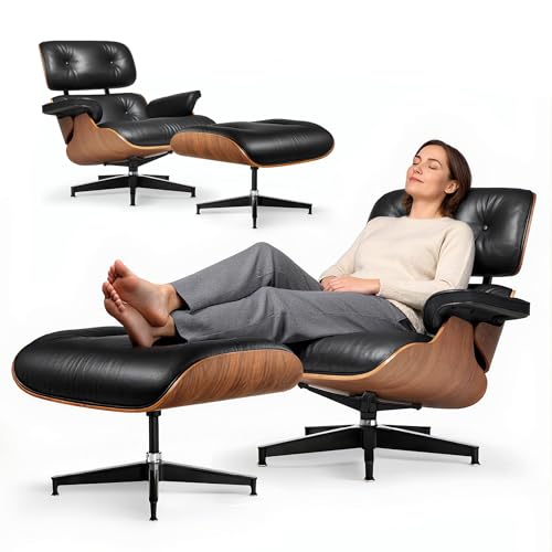 Asukale Leder Relaxsessel mit Hocker, Moderner Sessel Wohnzimmer Fernsehsessel, Drehbarer Chaiselongue mit Ottomane, Fester Neigungswinkel von 105°, TV-Sessel mit Gepolstertem Kissen, Schwarz