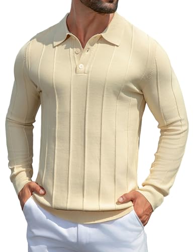 MioRoim Men's Knit Polo Shirts Casual Long Sleeve Polo Sweater Cable Ribbed Knitted Sweaters Vintage Golf Pullover Shirt