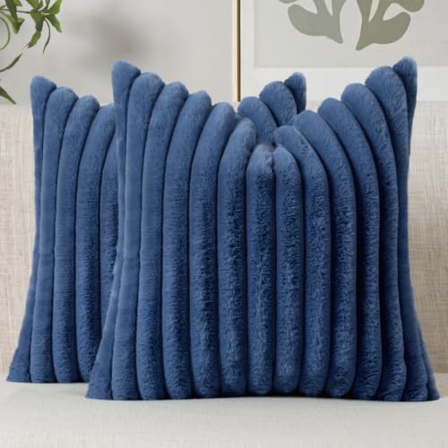 Image of MIULEE Faux Fur Decorative Throw Pillow Covers 18x18 Set of 2 Navy Blue | Coastal Modern Art Home Decor Soft Plush Couch Pillows Cozy Fluffy Cushion Covers for Sofa Bed Living Room