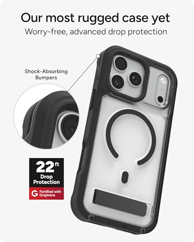 Image of ZAGG Rainier Case with Kickstand for iPhone 17 Pro Max - Black, Graphene 22ft (7m) Drop Protection, Lanyard Attach Points, MagSafe, Wireless Charging Compatible, 2-Piece Design, Phone Case