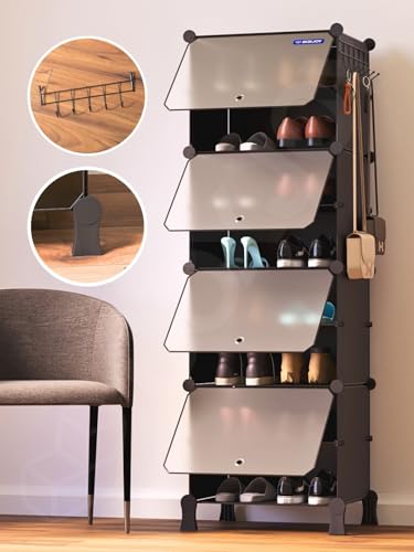 Image of BOXJOY 8 Shelf Shoe Rack with 4 Transparent Doors, 5 Hook Steel Holder & Wooden Hammer, Home Storage PP Plastic Organizer with Metal Door Frame to Cover Chappal Slipper Sandals Shoes Box Stand (Black)