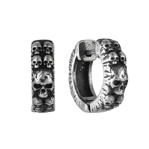 Vintage Skull Hoop Huggie Earrings for Men, Stainless Steel Punk Skeleton Biker Earrings
