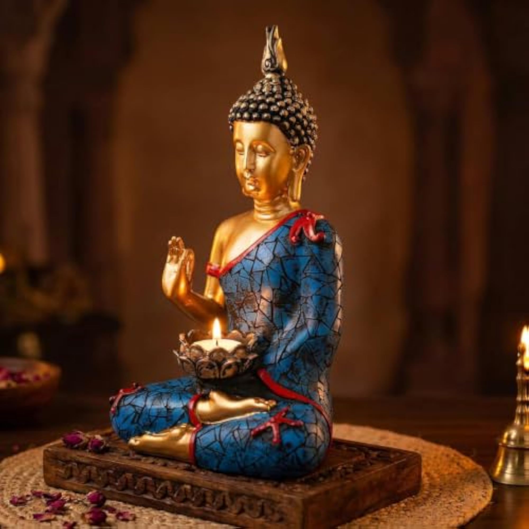 Meditating Sitting Buddha Idol Statue with Tealight Holder
