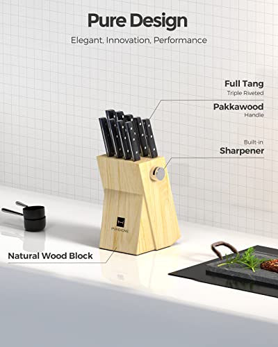 Knife Set With Built-In Sharpener Block, Ipurehome® Kitchen Knife Set With Block, Professional 13 Pcs High Carbon Stainless Steel Block Knife Set With 4 Steak Knives, 1 Peeler, 1 Scissor, Wood Handles #TOP1