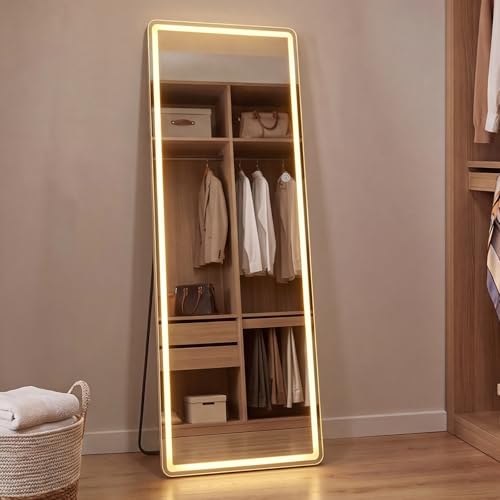 Yezi Full Length Mirror with Lights 165x60cm LED Lighted Floor Mirror with Stand 3 Color Lighting Full Body Wall Hanging Dressing Mirrors Tempered Glass for Bedroom Living Room Cloakroom
