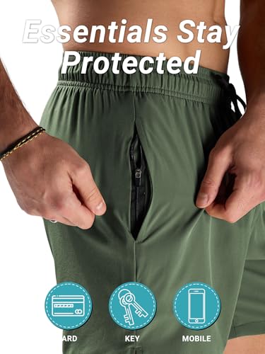 Arcweg Badehose für Herren mit Kompression Liner 2 in 1 Atmungsaktiv Badeshorts Männer Elastisch Trainingsshorts Verstellbar Tunnelzug mit Reißverschlusstaschen Militärgrün 3XL (EU) 5