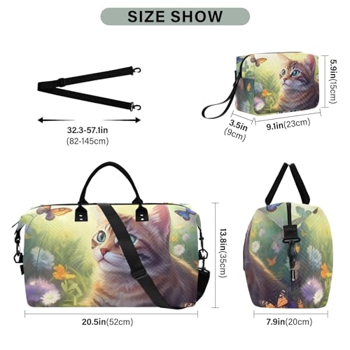 Large Travel Duffel Bag, Cait and Butterflies Sports Tote Gym Bag, Shoulder Weekender Overnight Bag for Women Men, Carry On Luggage with Toiletry Bags3