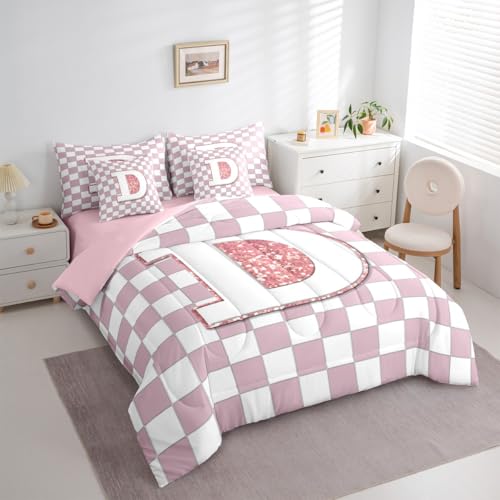 Image of Erosebridal Pink Initial D Queen Bedding Set 7 Piece Kawaii Plaid Checkered Bed in A Bag with Sheets Cute Personalized Monogram Comforter Set for Kids Girls Teen Women,Fashion Grids Gingham Bed Sets