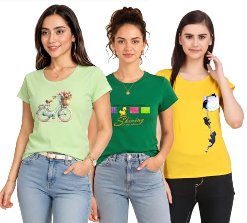 Image of MODISH women's round neck cap sleeve printed cotton t-shirts combo of 3 t-shirts