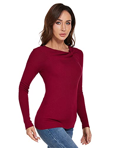AmélieBoutik Women Asymmetric Twist Knot Neckline Ribbed Sweater3