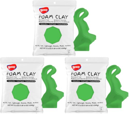 Image of BOHS Green Modeling Foam Clay Lite - 500 Grams, Soft, No Stains, No Cracks - Air Dry Clay for Flower Mirror,Cosplay, Figurine, Slime - 1.1 Lbs. (Pack of 3)