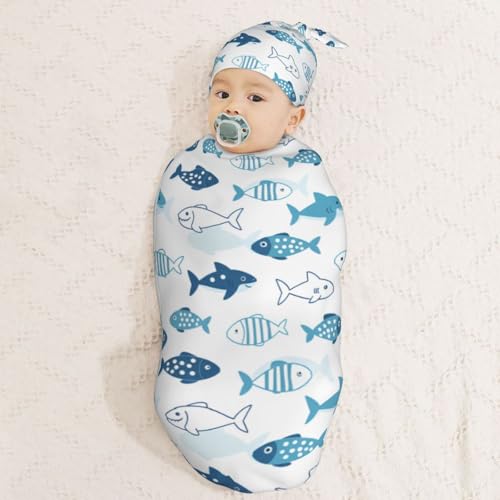 Image of Blue Shark and Fish Newborn Swaddle Blankets Hat Sets Soft Baby Receiving Blanket Swaddle Sack for Baby Shower Infant Boy Girl Gift