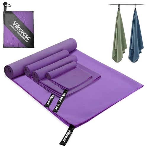 Vikcvcsc 4 Pezzi Asciugamani Microfibra-180x80cm+2pcs 80x40cm+40x30cm Asciugamano Palestra per Sport, Telo Mare Microfibra Ultraleggero, Asciugatura Rapida Asciugamano Microfibra per Viaggio(Viola)