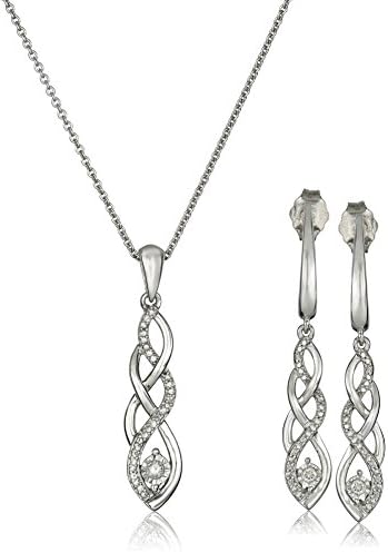 Amazon Collection Women Sterling Silver Diamond Twist Pendant Necklace and Earrings Box Set (1/5 cttw), 18"