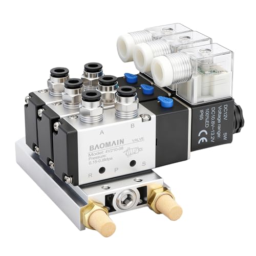 BAOMAIN Magnetventilblock 3-fach, 12V DC, 5/2-Wege 4V210-08, inkl. Ventilblockbasis, Schalldämpfer und 1/4" PT Anschlüsse, Pneumatik-Steuerventil-Set