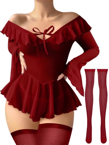 Image of Foxiny Sheer Ruffle Long Sleeve Babydoll Lingerie Dress | Off-shoulder neckline, flared cuffs and a flounce hem add movement; thong and thigh-high stockings complete the 3-piece set