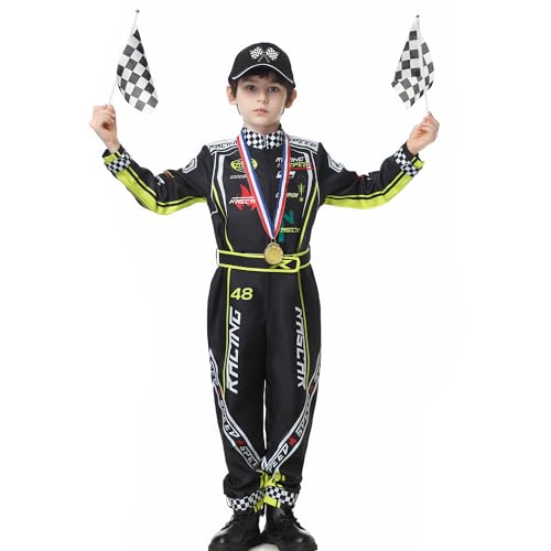 KUKIKUKI Race Car Driver Costume Boys Racer Jumpsuit With Car Cap Kids Dress Up for Halloween (Black, 120) - Image 3