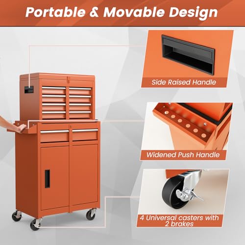 Image of Goplus Rolling Tool Chest, 5-Drawer Tool Box Organizer w /Lockable Wheels & Sliding Drawers & Detachable Top & Adjustable Shelf, Tool Storage Cabinet for Garage Workshop (Orange)