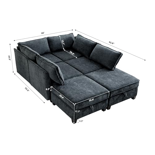 Image of ORRD Sleeper Modular Sectional Sofa Set, Convertible Couch Bed with Storage, 6 Seater and 4 Armrestes Sofa Modular for Living Room, Office (Blue Grey)