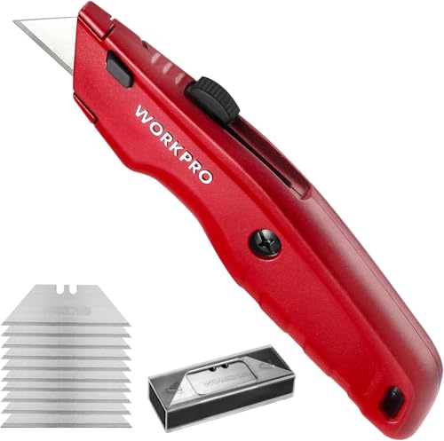WORKPRO Cutter Profesional, Cúter Universal, Cortador Profesional con Mango de Aluminio Antideslizante, Cuchillo con 10 Cuchillas Adicionales, Rojo