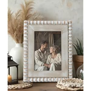 Afuly 5×7 Farmhouse Picture Frame Boho White Beads Photo Frame Wooden Distressed Wall Hanging Desk Standing Decor Artwork Personalized Birthday Gifts for Family Couple Friends