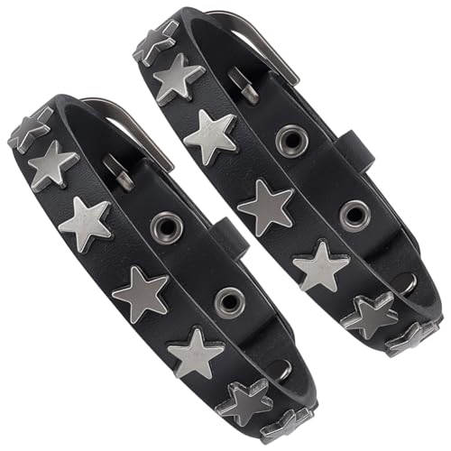 CALFOVERA 2 pulsera de Cuero Genuino con Tachuelas de Estrella de Aleación de Roca, Pulsera Ajustable de Cuero Negro Vintage Punk con Hebilla de Cinturón para Hombres Y Mujeres, Joyería de Uso Diario.