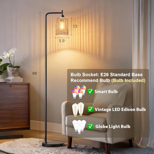 Image of Oneach 66 inch Black Floor Lamp for Living Room, Boho Floor Lamp with LED Bulb, Rattan Shade, Foot Switch, Industrial Tall Standing Lamp for Bedroom, Dining Room, Study Room, Office