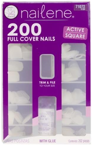 Nailene Full Cover Nails, Active Square, With Glue 200 Nails (Pack of 2)