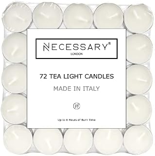 72 Tea Lights - Up to 5 Hours - White - NECESSARY - Warm Tea Lights Candles - Lead Free - Cotton Wick - White Organic Tea lights - Unscented - Standard Size - Ambience, Christmas, Valentines, Religion