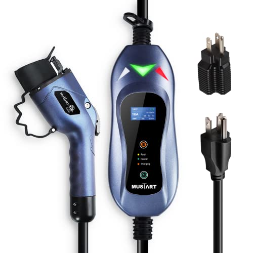 MUSTART Level 1 and Level 2 Portable EV Charger (16 Amp Adjustable, 100-240V, 25ft Cable). NEMA 6-20 Plug with NEMA 5-15 Adapter Electric Vehicle Charger