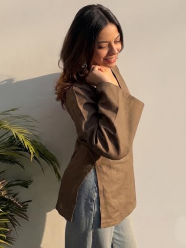 Image of ANNI Designer Short Kurti for Women Solid Design | V Neck Full Sleeve Kurti Tops for Women | Stylish Kurtis & Short Kurtis for Woman | Casual Kurti with Jeans | Kurtas for Woman