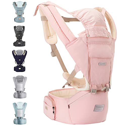 YIYUNBEBE Baby Carrier with Hip Seat Lumbar Support,6-in-1 Baby Carrier Newborn to Toddler 7-45lbs,Perfect for Hiking Shopping Travelling (Pink)