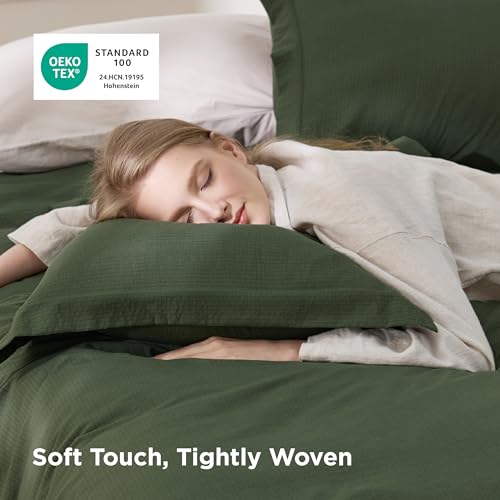 Image of Bedsure Textured Duvet Cover Queen Size - Cotton-Like Polyester Jacquard Duvet Cover Set for All Seasons - 3 Pieces Soft Bedding Set with 2 Pillow Shams, NO Comforter (Olive Green, Queen, 90 inchx90 inch)