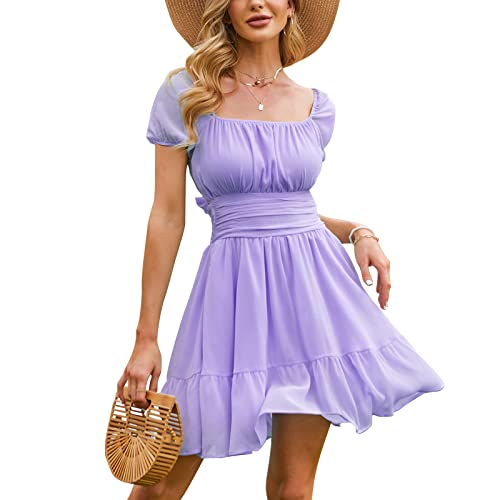 EXLURA Women's Tie Back Square Neck Short Puff Sleeve Casual Dresses A Line Sundress Mini Dress Lilac Purple